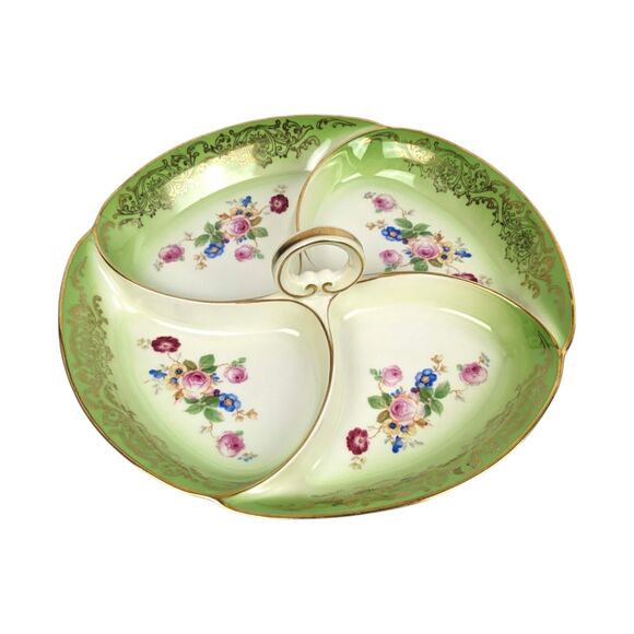 Vintage Tirschenreuth Bavaria Serving Tray: Green & Gold Floral Porcelain Dish - Picture 2 of 6